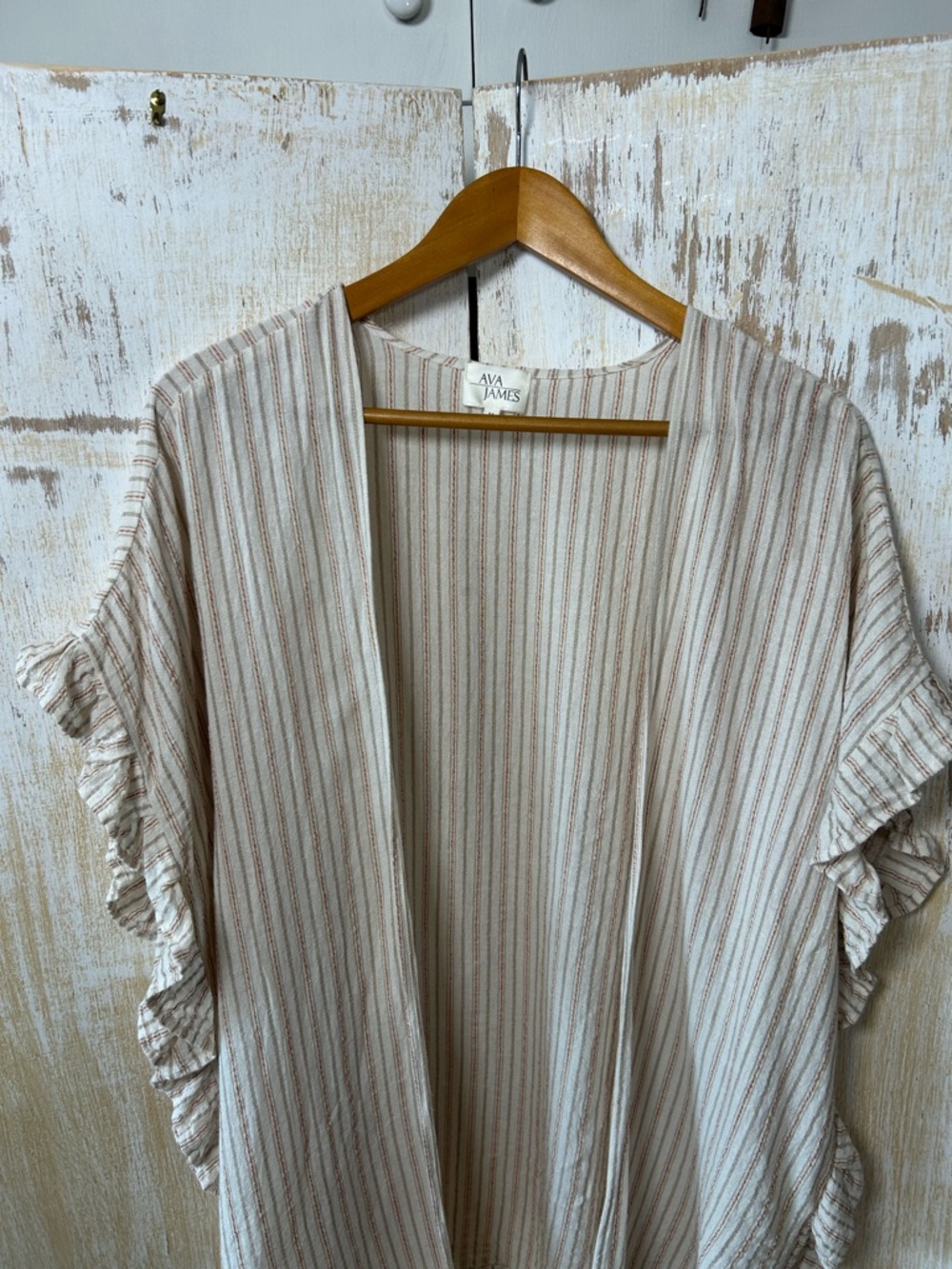 Cream Striped Open Front Ruffle Sleeve Top - Picture 3 of 8